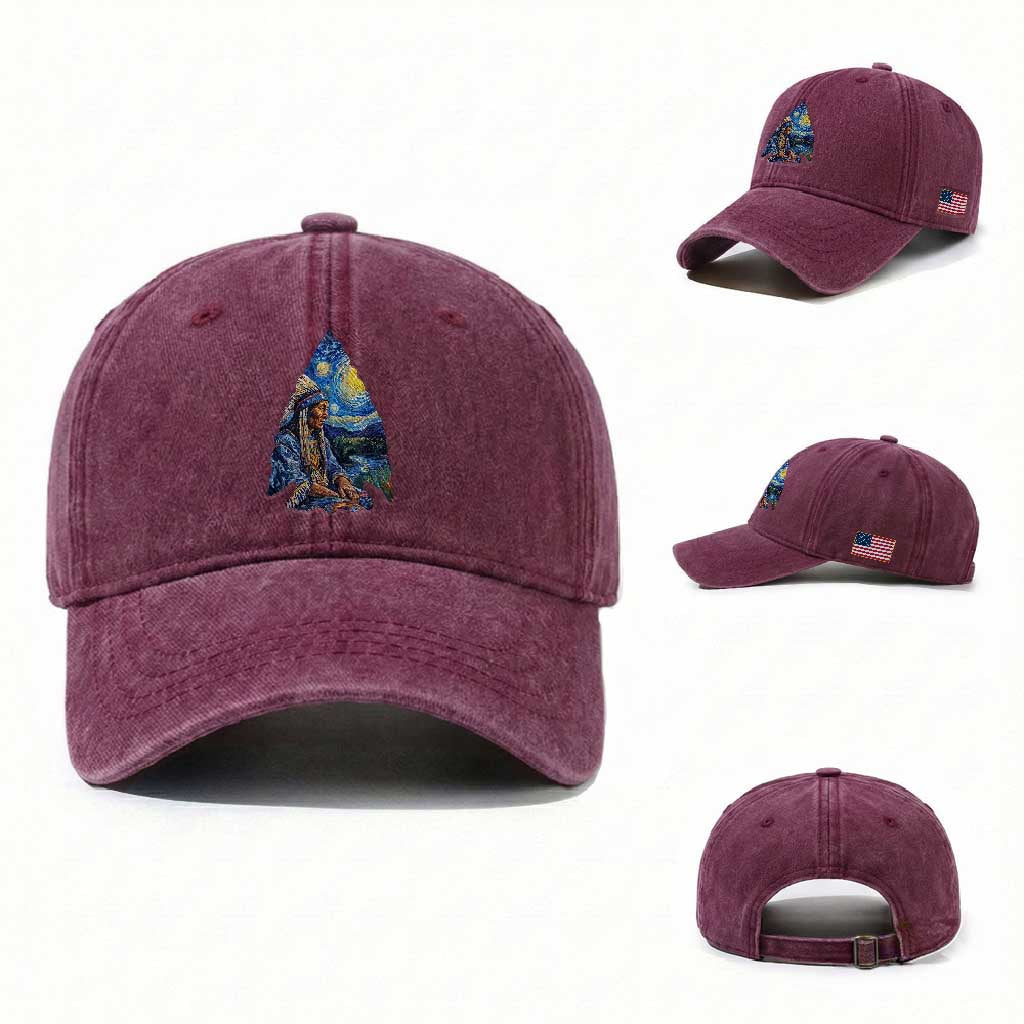 Native American Arrowhead Hunter Starry Night Washed Cotton Baseball Cap