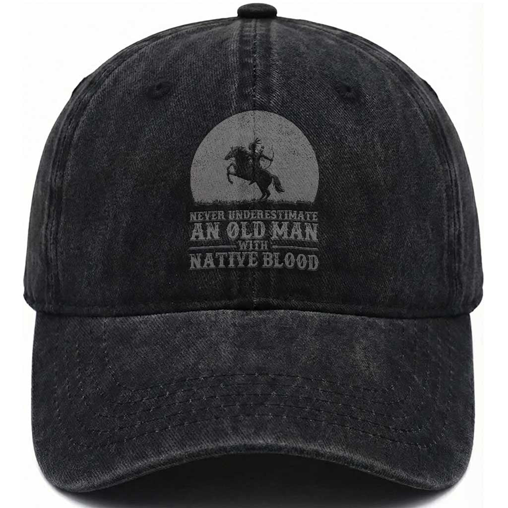 Never Underestimate An Old Man Native American Warrior Washed Cotton Baseball Cap