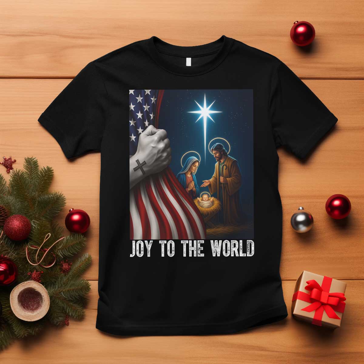 Jesus Christian T Shirt American Flag Joy To The World Christmas - Wonder Print Shop