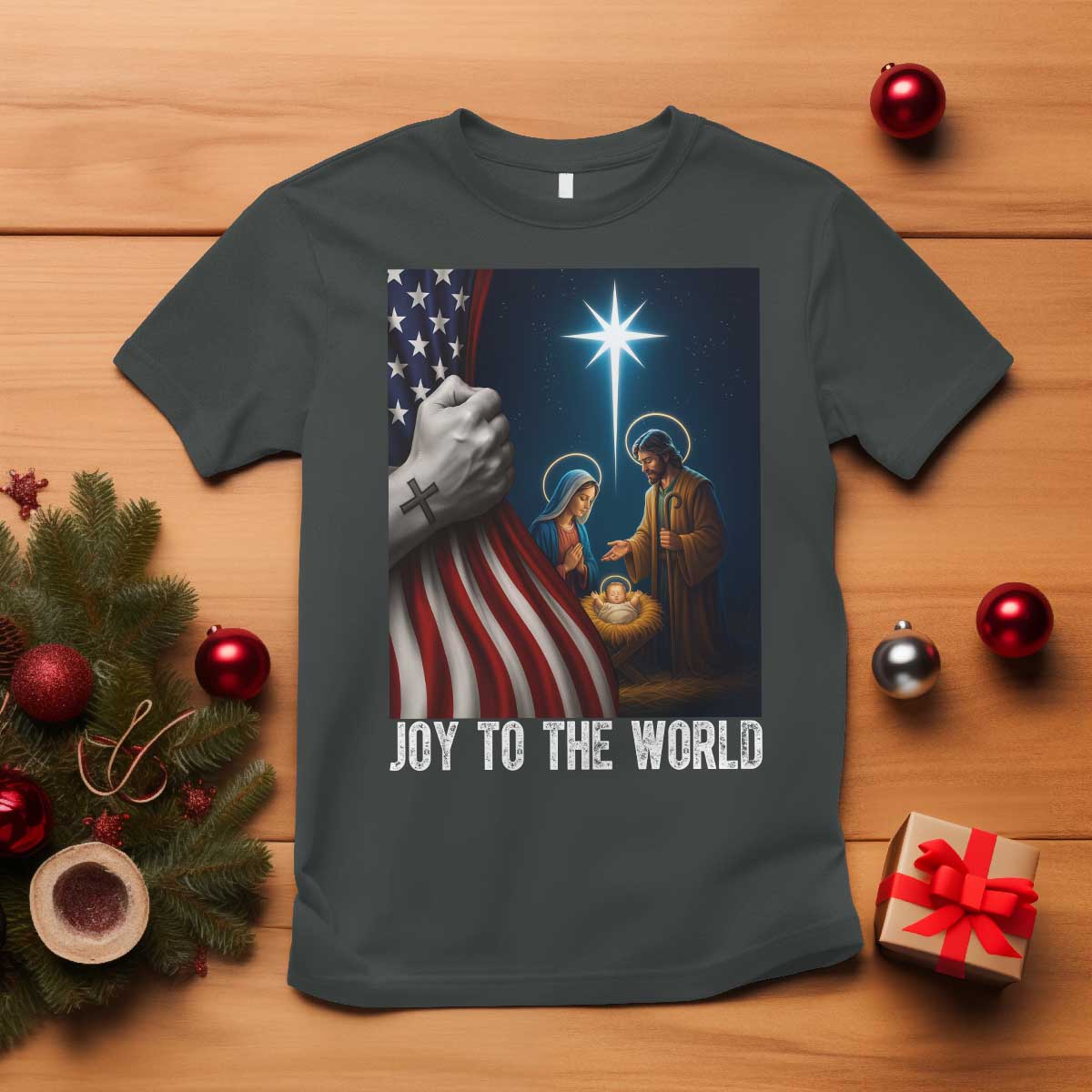 Jesus Christian T Shirt American Flag Joy To The World Christmas - Wonder Print Shop