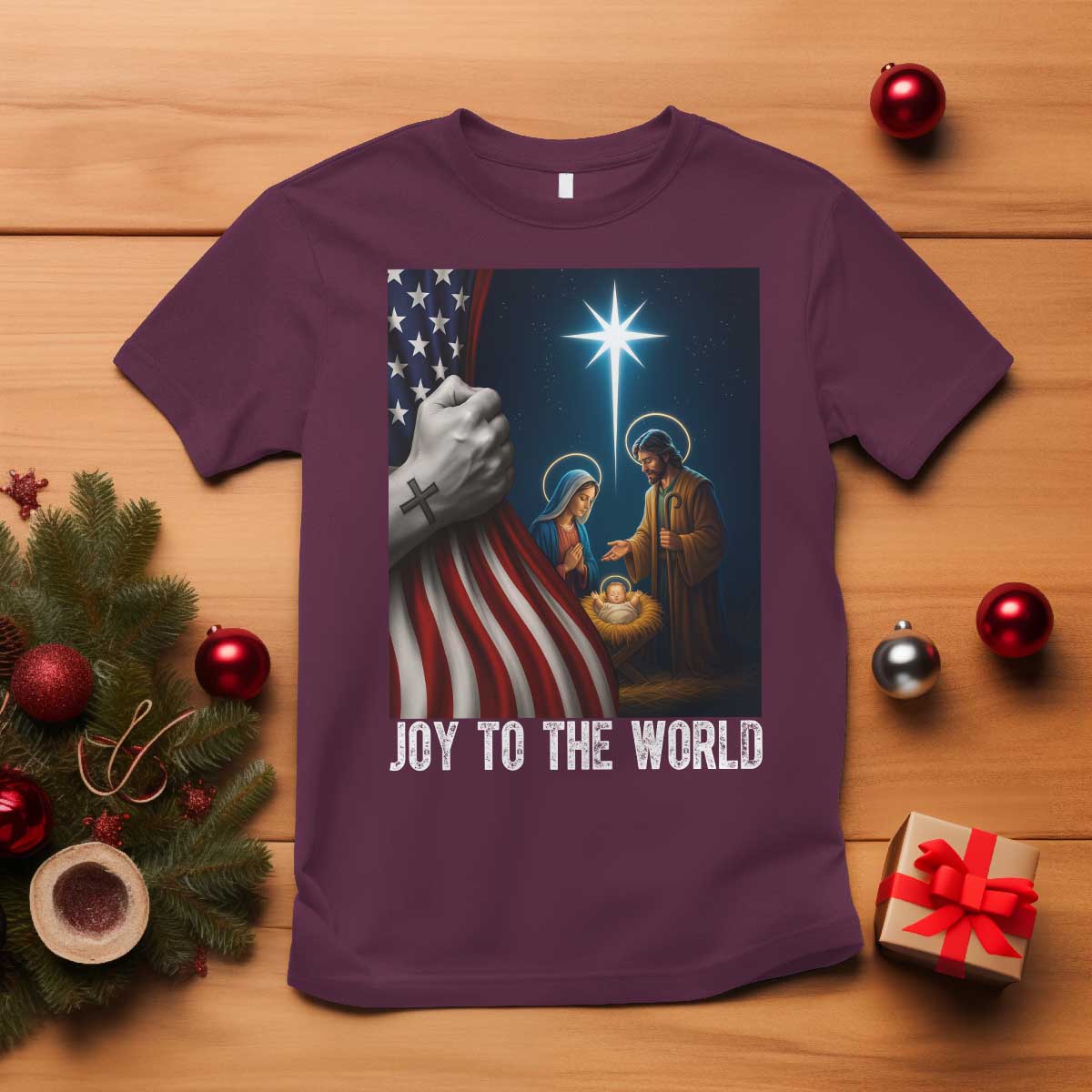 Jesus Christian T Shirt American Flag Joy To The World Christmas - Wonder Print Shop
