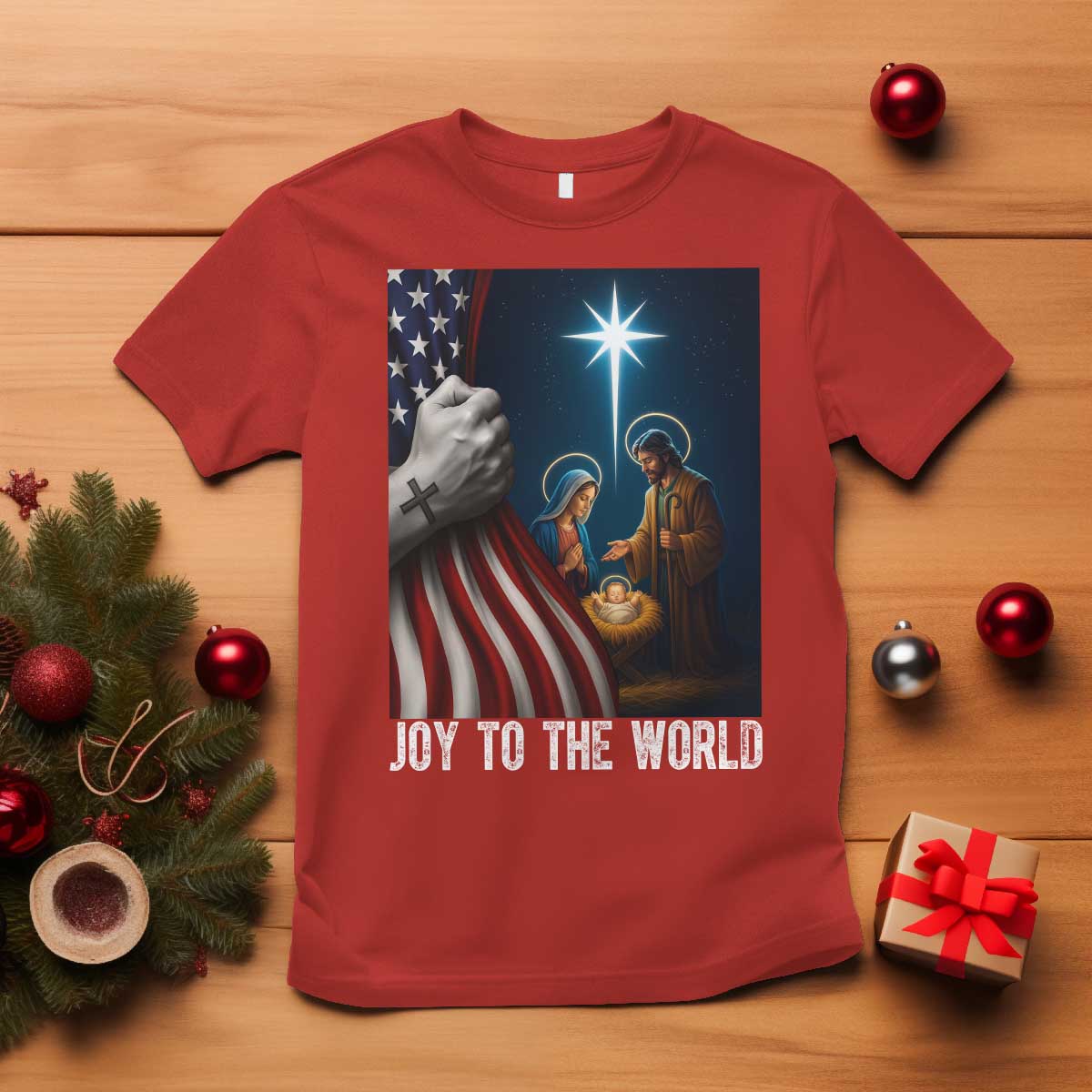 Jesus Christian T Shirt American Flag Joy To The World Christmas - Wonder Print Shop