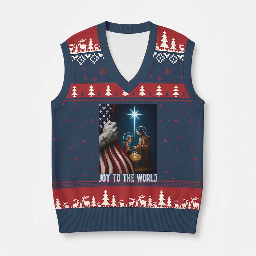 Jesus Christian V-Neck Knit Sweater Vest American Flag Joy To The World Xmas - Wonder Print Shop