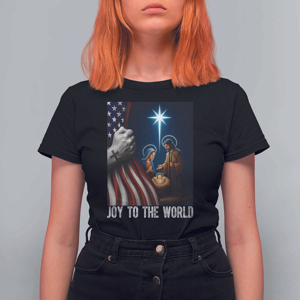 Jesus Christian T Shirt For Women American Flag Joy To The World Christmas - Wonder Print Shop