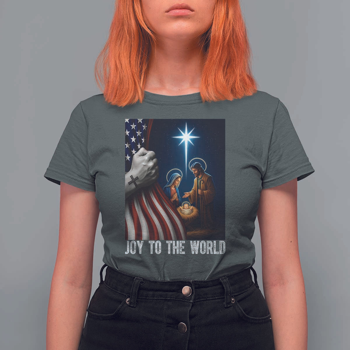 Jesus Christian T Shirt For Women American Flag Joy To The World Christmas - Wonder Print Shop