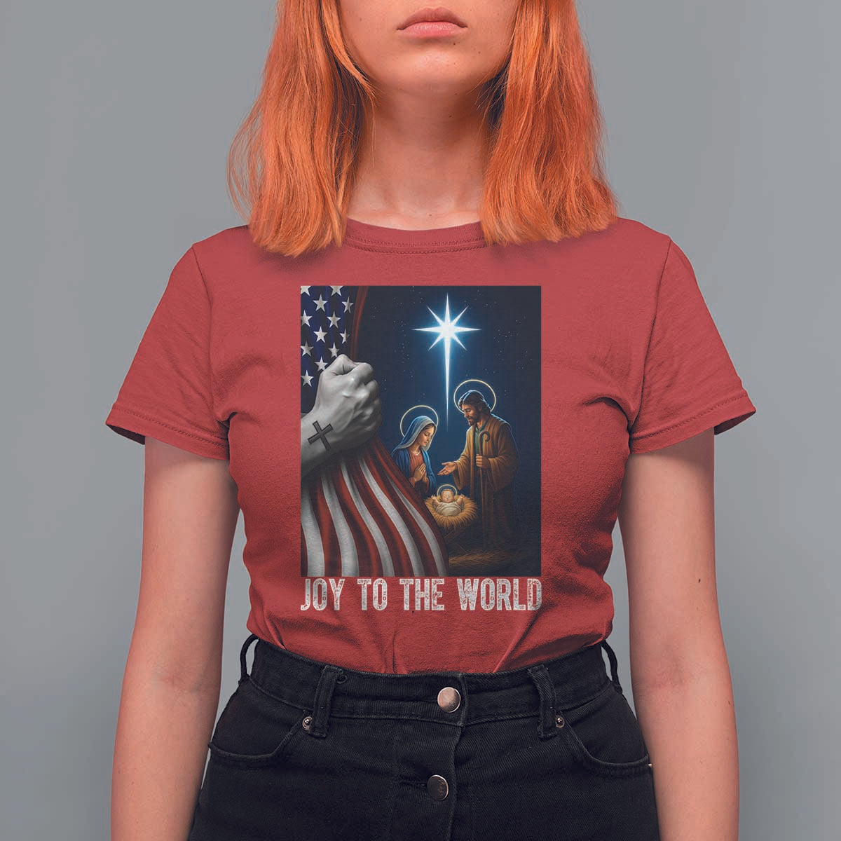 Jesus Christian T Shirt For Women American Flag Joy To The World Christmas - Wonder Print Shop