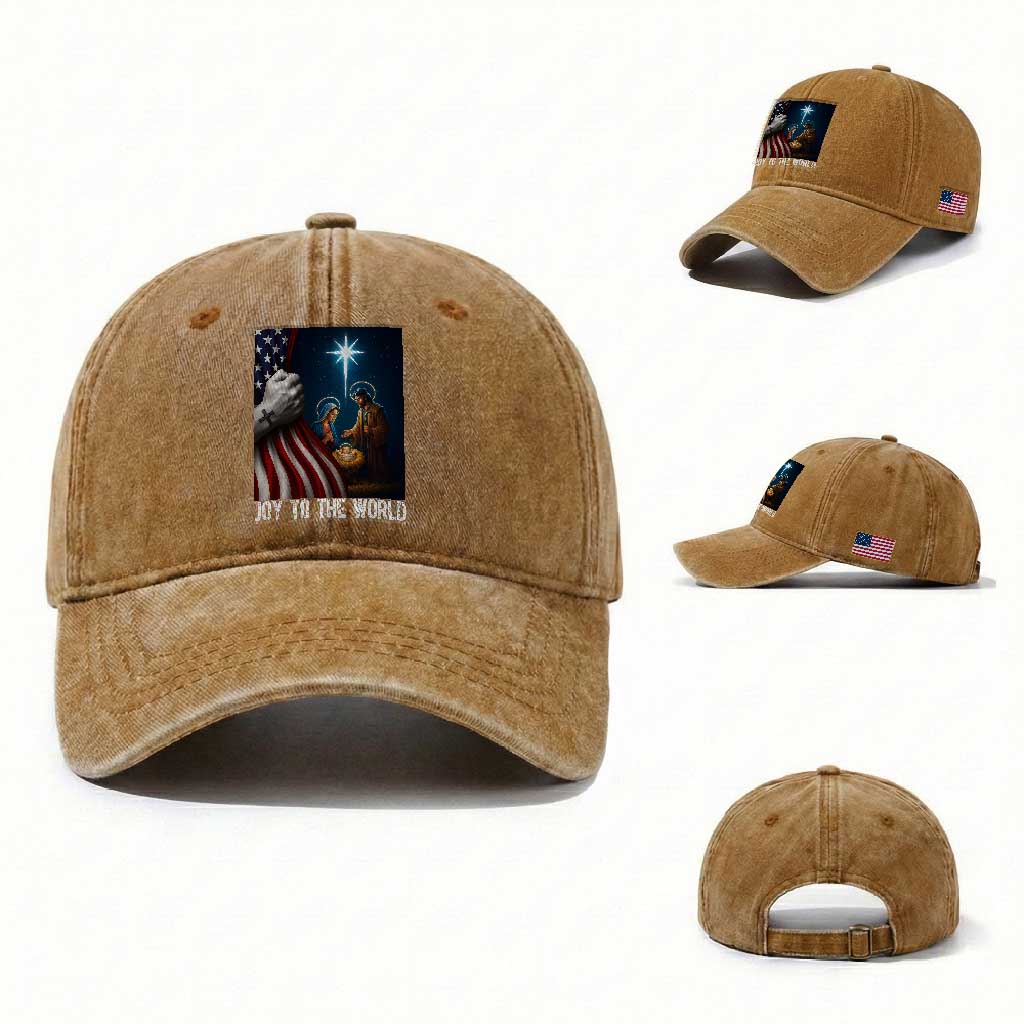 Jesus Christian Washed Cotton Baseball Cap American Flag Joy To The World Christmas