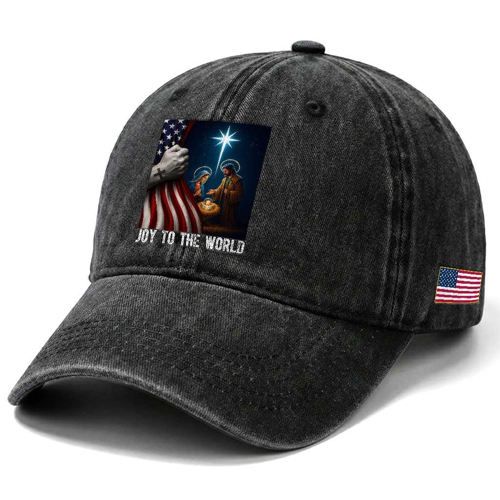 Jesus Christian Washed Cotton Baseball Cap American Flag Joy To The World Christmas