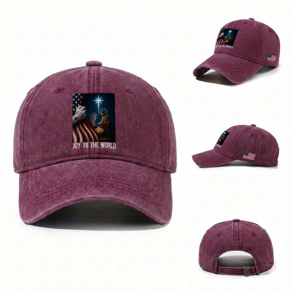 Jesus Christian Washed Cotton Baseball Cap American Flag Joy To The World Christmas