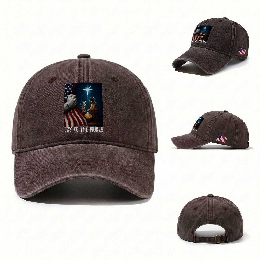 Jesus Christian Washed Cotton Baseball Cap American Flag Joy To The World Christmas