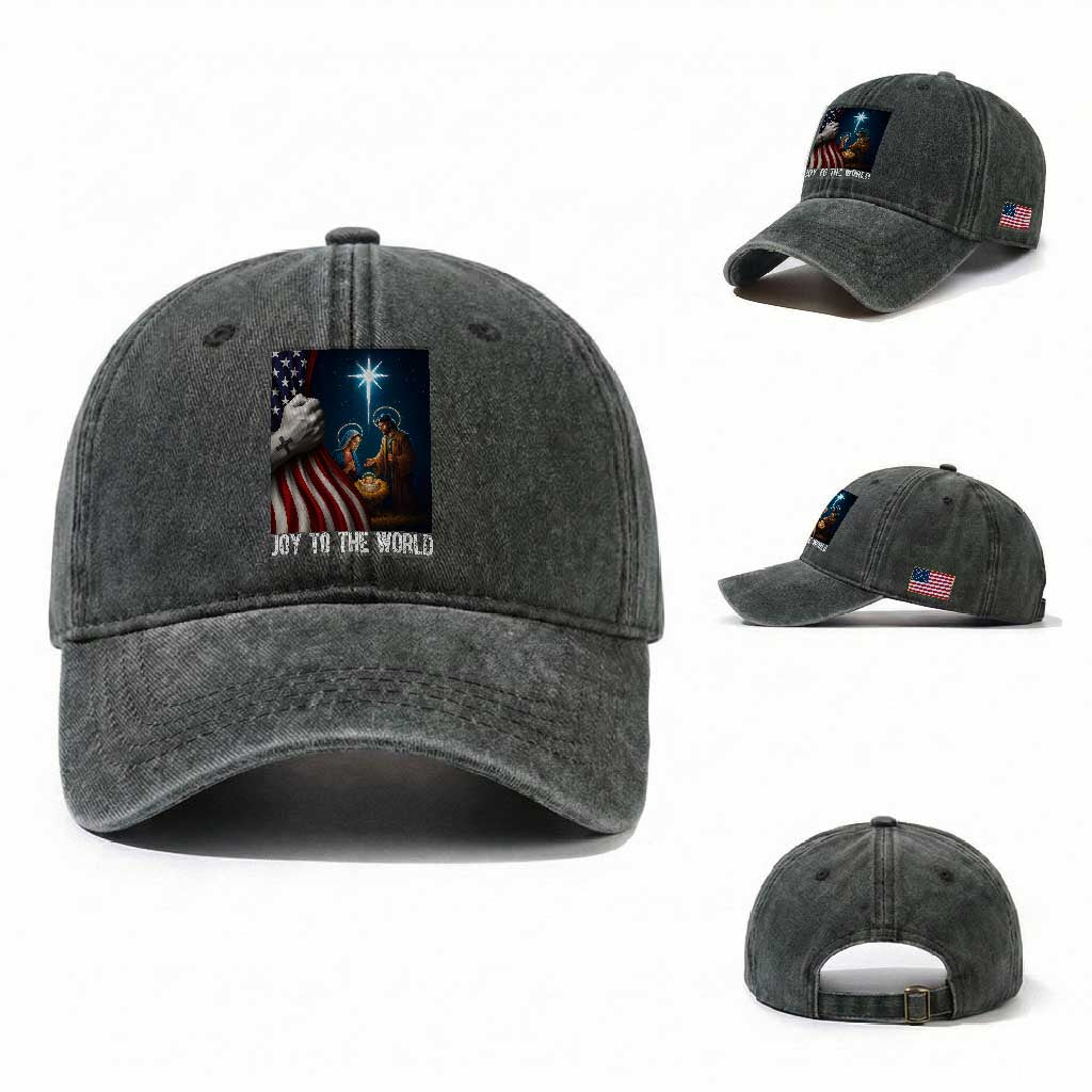 Jesus Christian Washed Cotton Baseball Cap American Flag Joy To The World Christmas