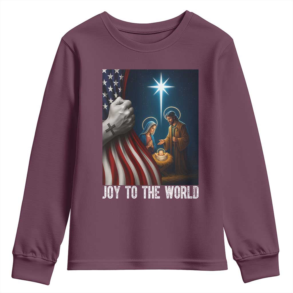 Jesus Christian Youth Sweatshirt American Flag Joy To The World Christmas - Wonder Print Shop