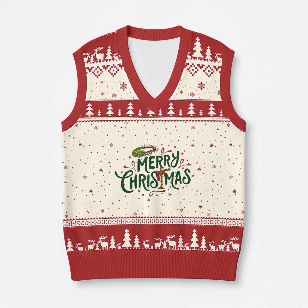 Jesus Christian Xmas V-Neck Knit Sweater Vest - Wonder Print Shop