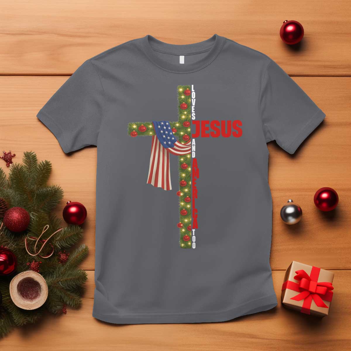 Jesus Patriotic Christmas T Shirt Loves Jesus And America Too - Wonder Print Shop