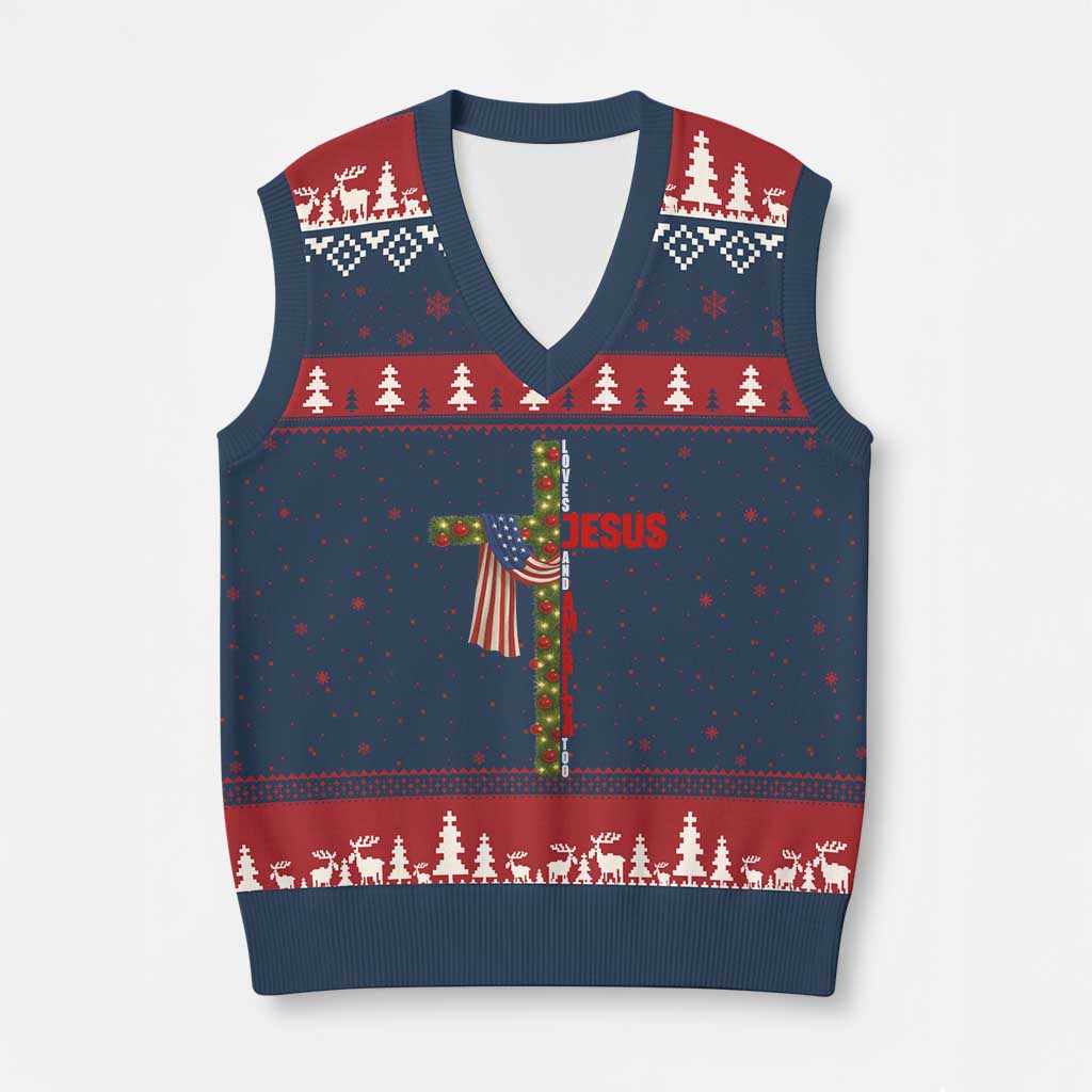 Jesus Patriotic Xmas V-Neck Knit Sweater Vest Loves Jesus And America Too - Wonder Print Shop