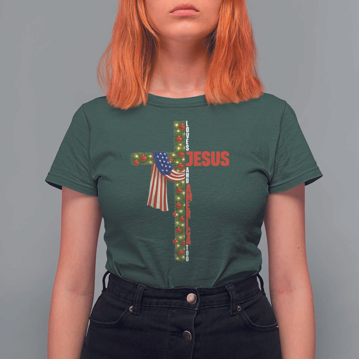 Jesus Patriotic Christmas T Shirt For Women Loves Jesus And America Too - Wonder Print Shop