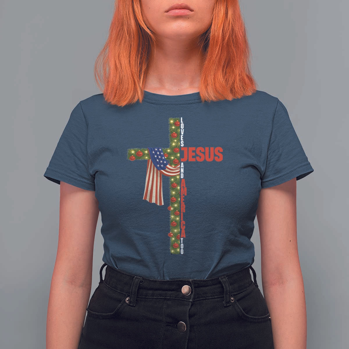 Jesus Patriotic Christmas T Shirt For Women Loves Jesus And America Too - Wonder Print Shop
