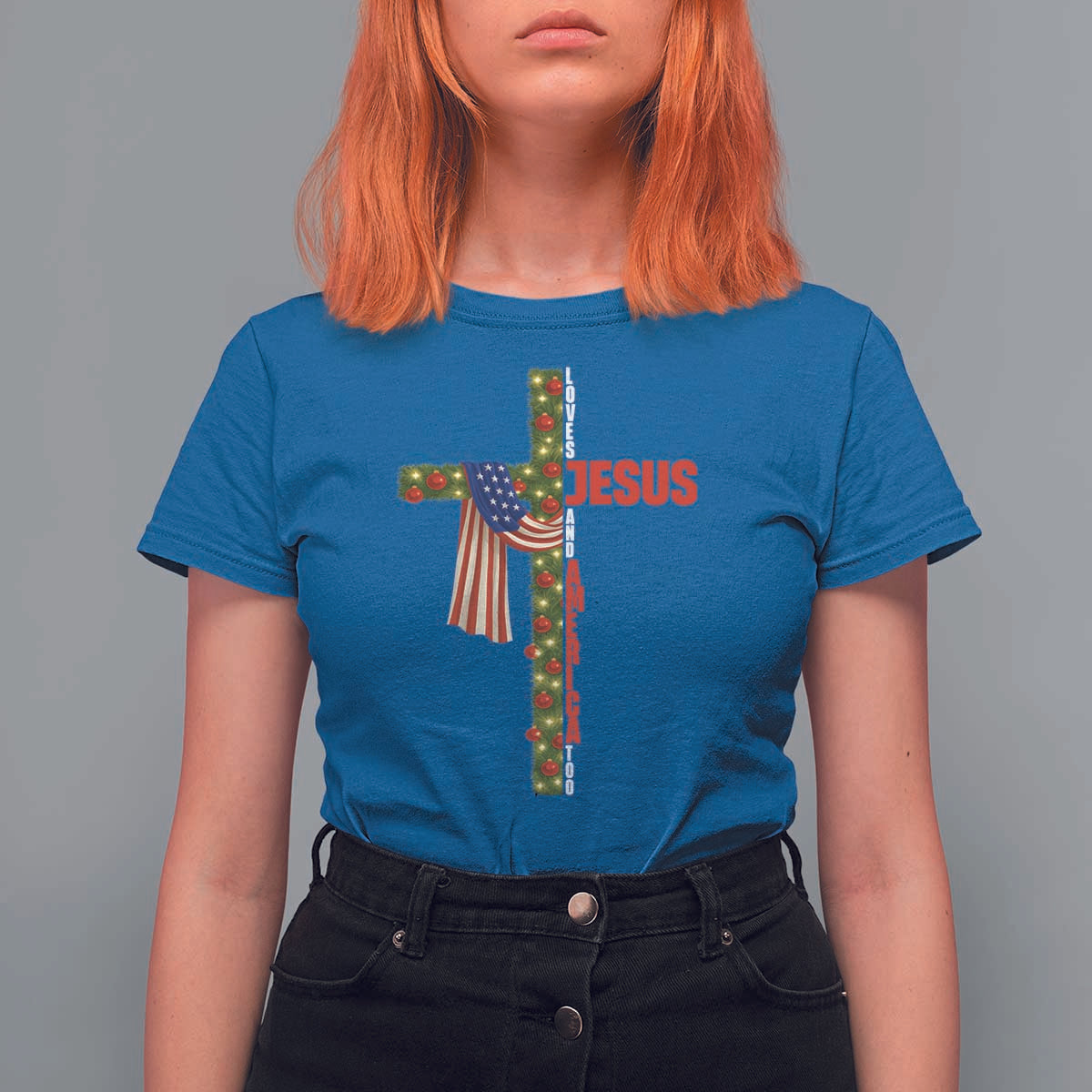 Jesus Patriotic Christmas T Shirt For Women Loves Jesus And America Too - Wonder Print Shop