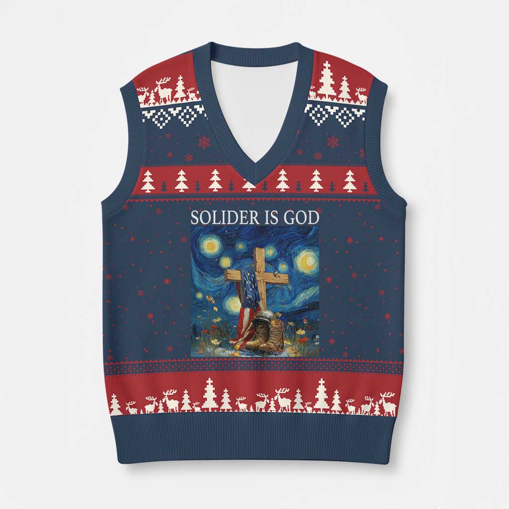Army Christian V-Neck Knit Sweater Vest Soldier Cross Starry Night Faith Patriotic Jesus - Wonder Print Shop