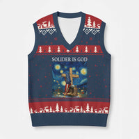 Army Christian V-Neck Knit Sweater Vest Soldier Cross Starry Night Faith Patriotic Jesus - Wonder Print Shop