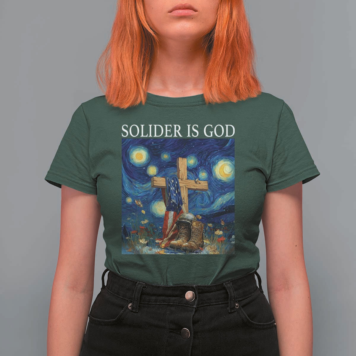 Army Christian T Shirt For Women Soldier Cross Starry Night Faith Patriotic Jesus - Wonder Print Shop