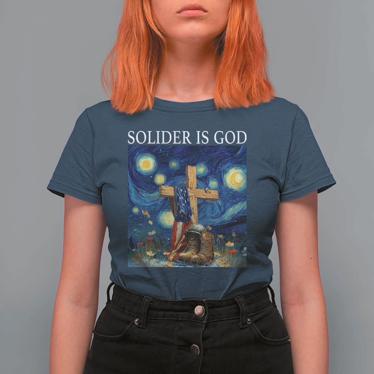 Army Christian T Shirt For Women Soldier Cross Starry Night Faith Patriotic Jesus - Wonder Print Shop