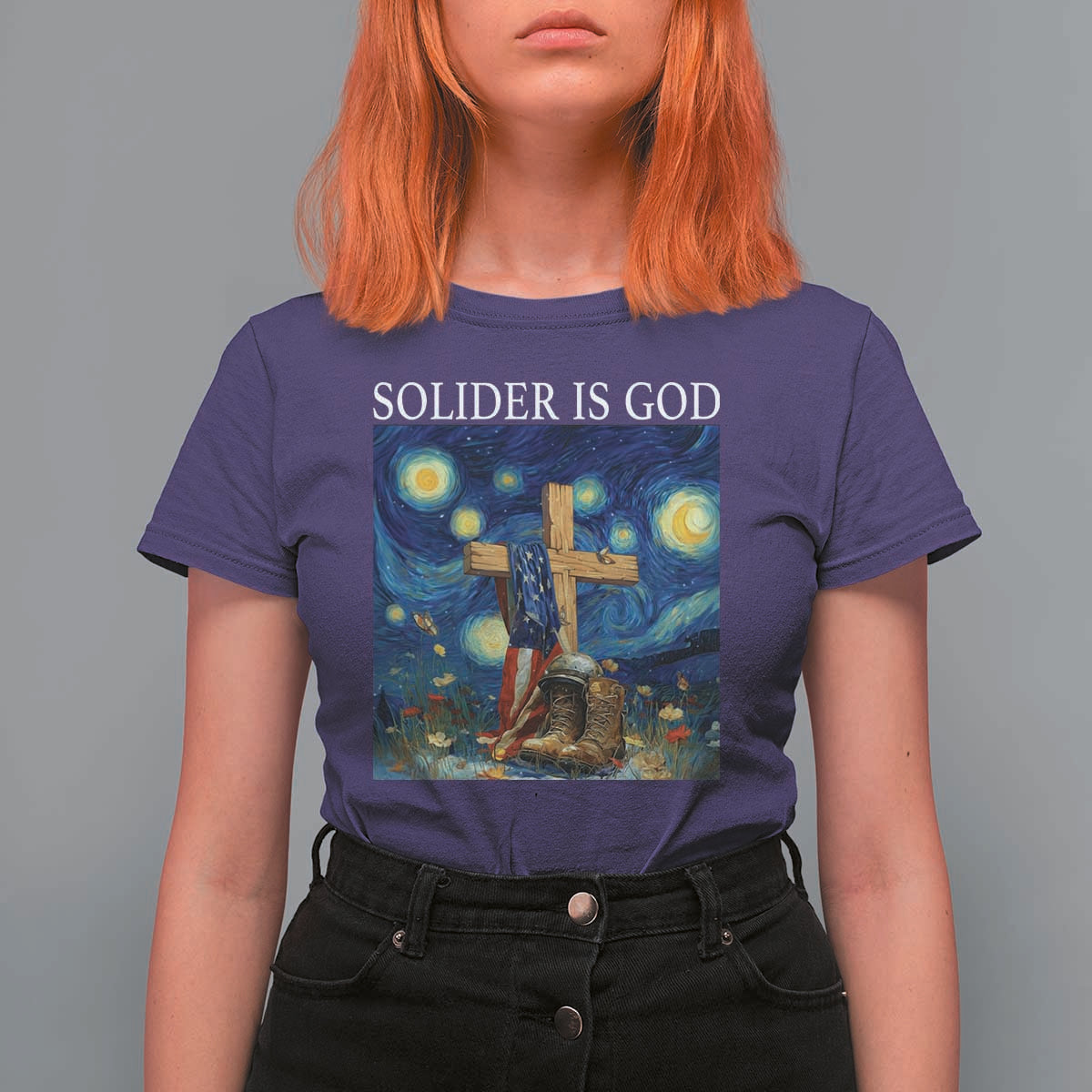 Army Christian T Shirt For Women Soldier Cross Starry Night Faith Patriotic Jesus - Wonder Print Shop