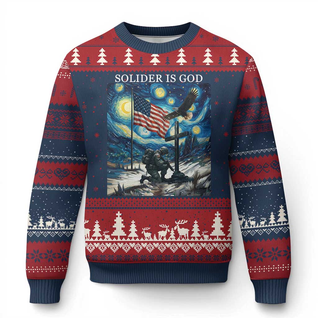Solider Army Christian Ugly Christmas Sweater Cross Starry Night Faith Patriotic Jesus - Wonder Print Shop