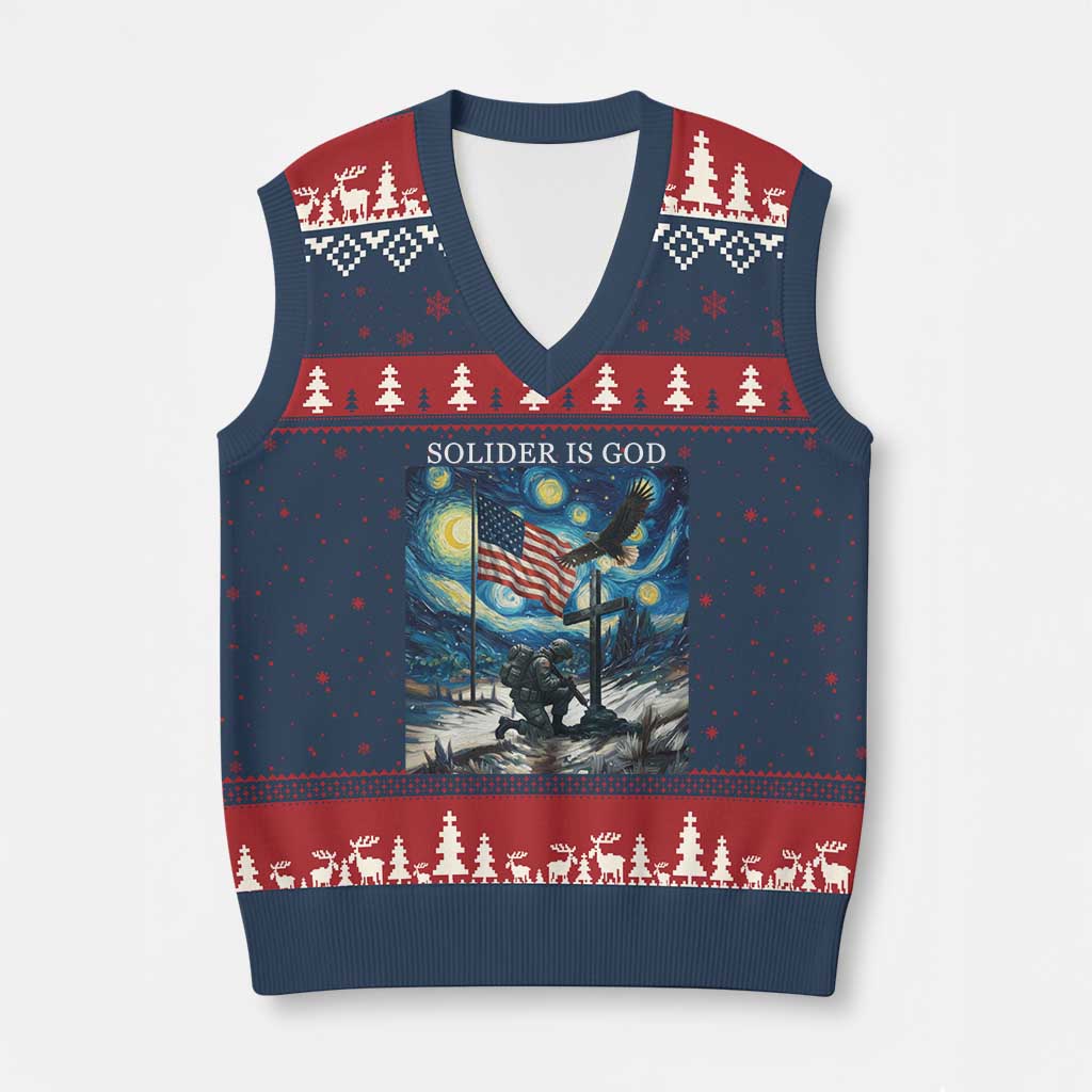 Solider Army Christian V-Neck Knit Sweater Vest Cross Starry Night Faith Patriotic Jesus - Wonder Print Shop