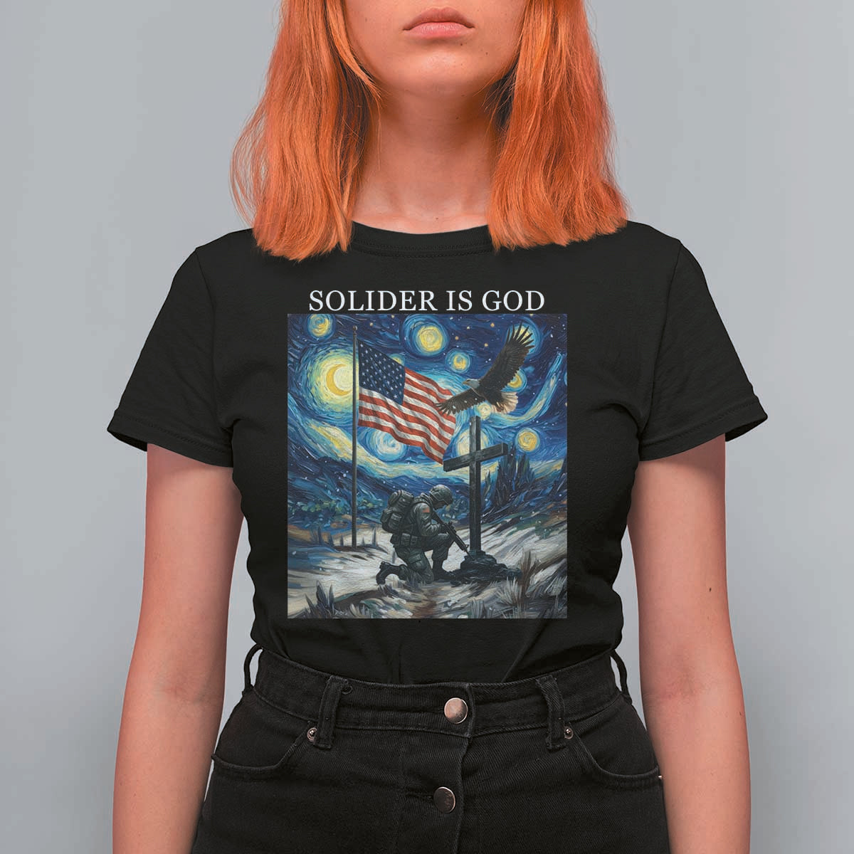 Solider Army Christian T Shirt For Women Cross Starry Night Faith Patriotic Jesus - Wonder Print Shop