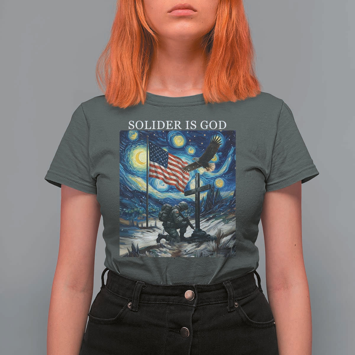 Solider Army Christian T Shirt For Women Cross Starry Night Faith Patriotic Jesus - Wonder Print Shop