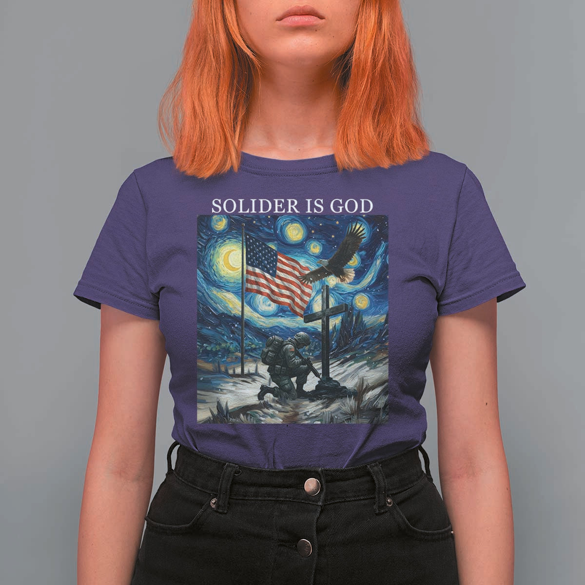 Solider Army Christian T Shirt For Women Cross Starry Night Faith Patriotic Jesus - Wonder Print Shop
