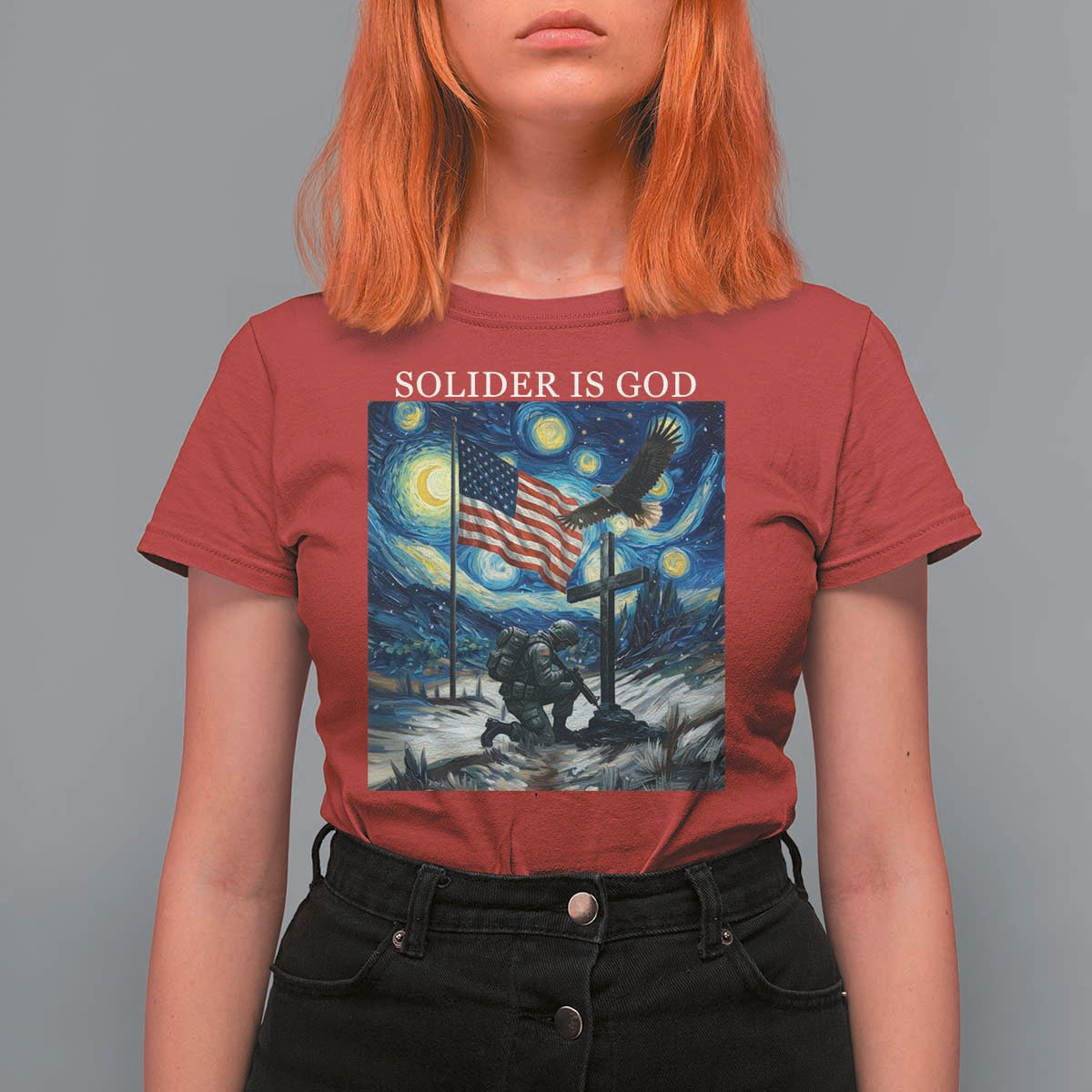 Solider Army Christian T Shirt For Women Cross Starry Night Faith Patriotic Jesus - Wonder Print Shop