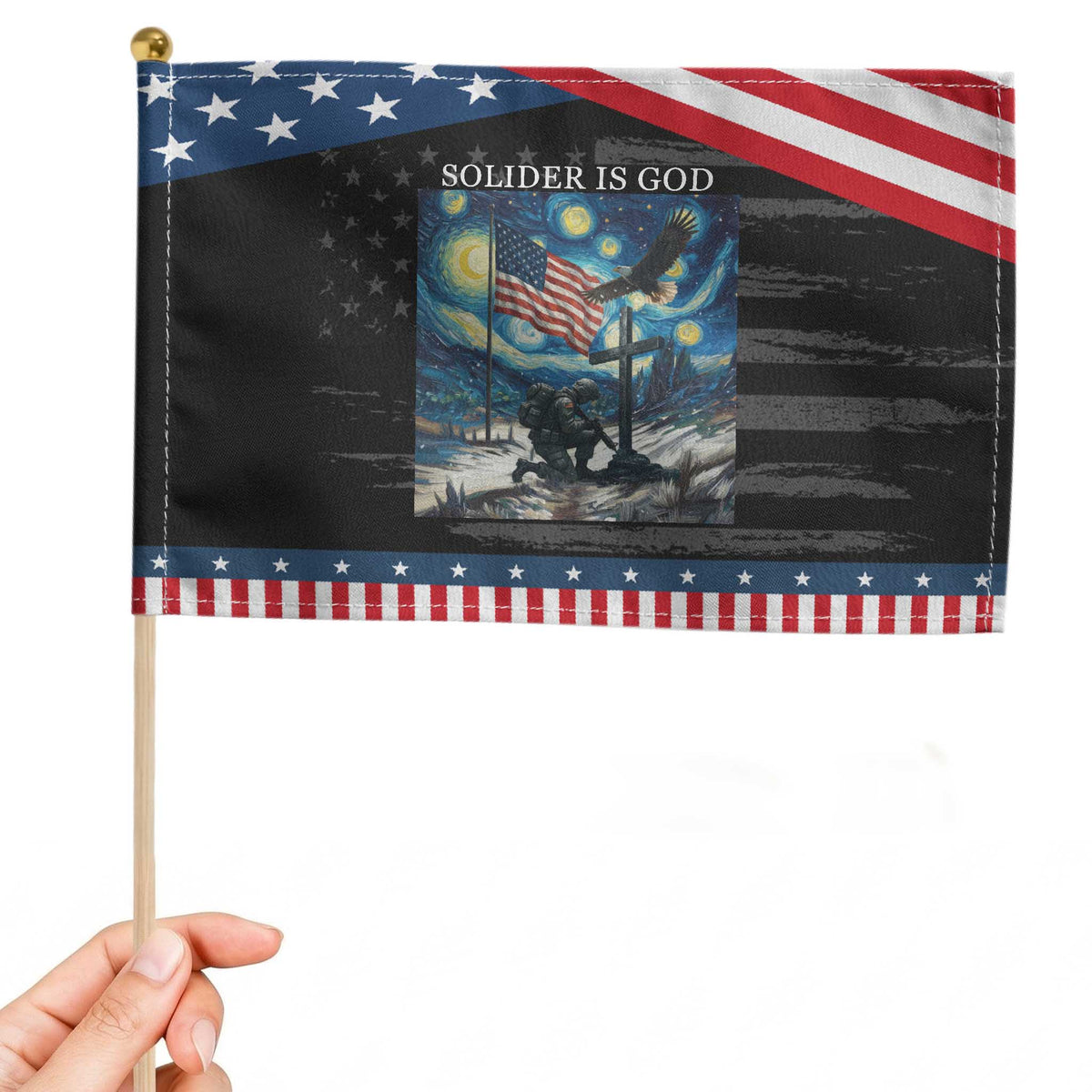 Solider Army Christian Patriotic Handheld Flag Cross Starry Night Faith Jesus
