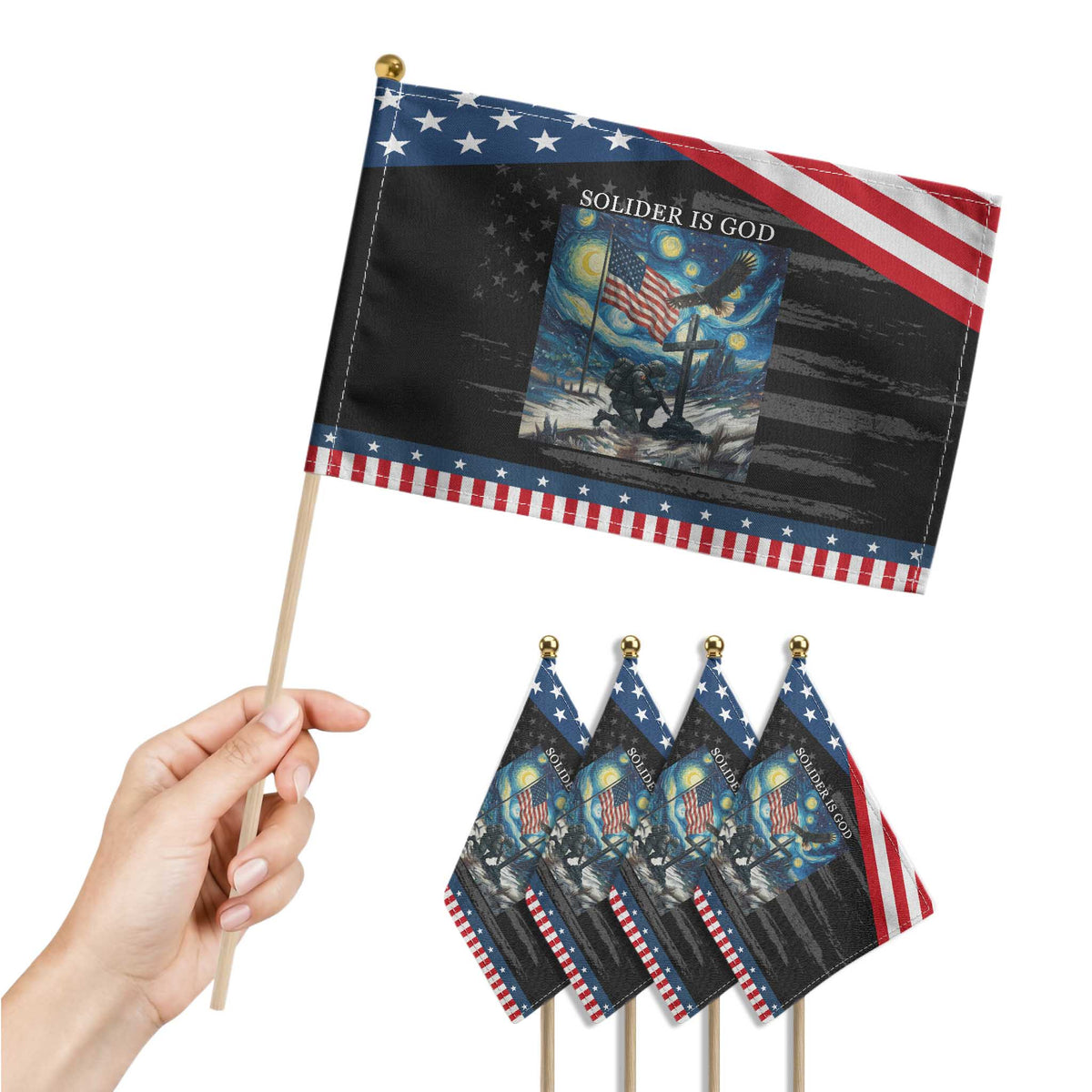 Solider Army Christian Patriotic Handheld Flag Cross Starry Night Faith Jesus