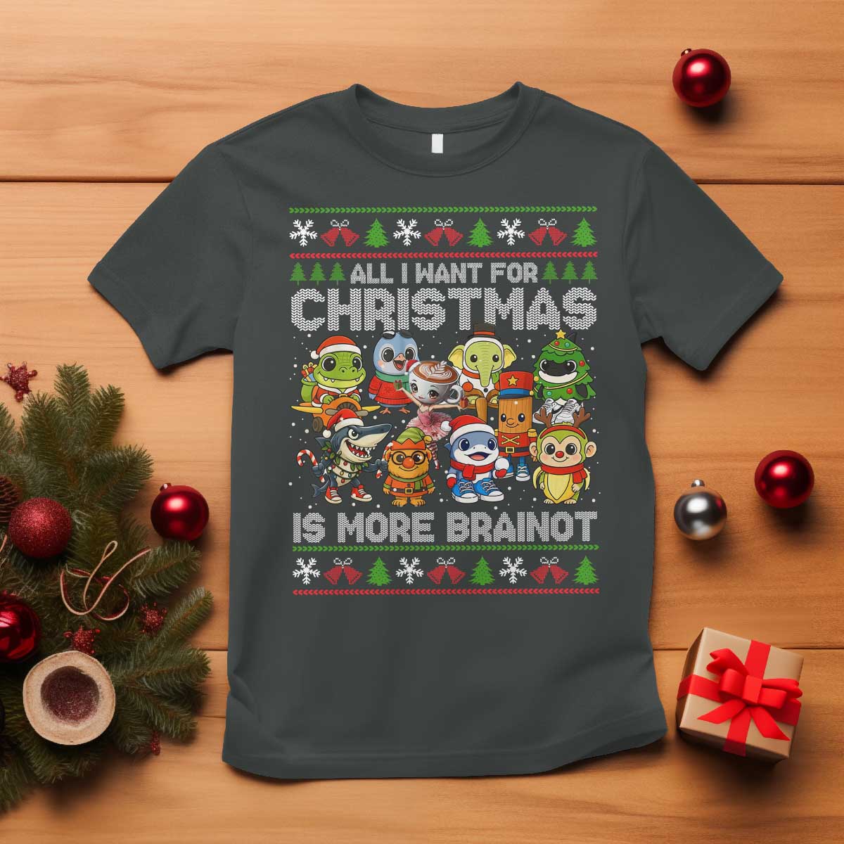 Italian Brainrot Christmas Meme T Shirt All I Want For Xmas Is More Brainot - Wonder Print Shop