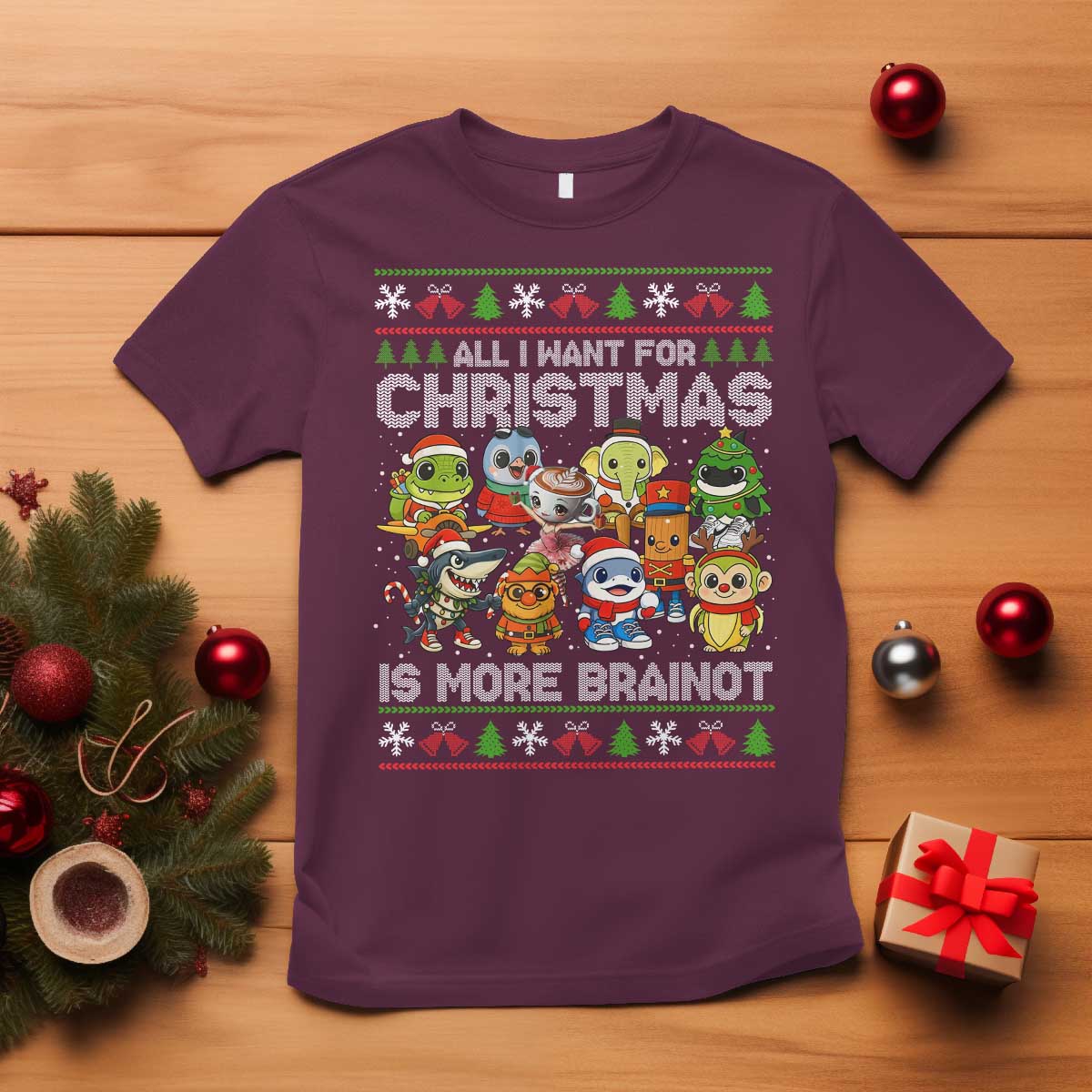 Italian Brainrot Christmas Meme T Shirt All I Want For Xmas Is More Brainot - Wonder Print Shop