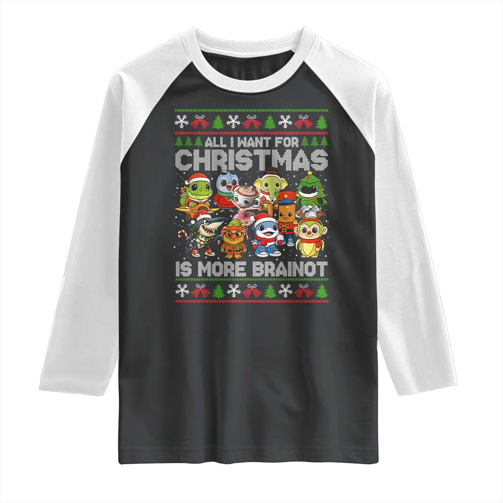 Italian Brainrot Christmas Meme Raglan Shirt All I Want For Xmas Is More Brainot - Wonder Print Shop