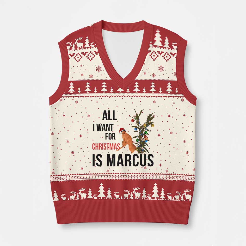 Marcus The Worm Robert Meme V-Neck Knit Sweater Vest All I Want For Xmas Is Marcus - Wonder Print Shop