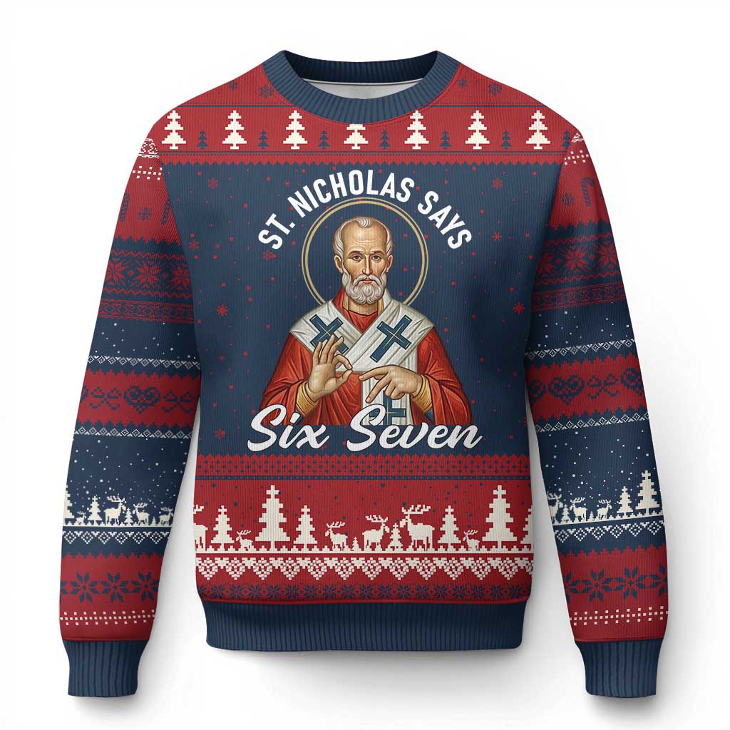 Funny Six Seven Meme Ugly Christmas Sweater Saint Nicholas Says 67 Gen Alpha Slang - Wonder Print Shop