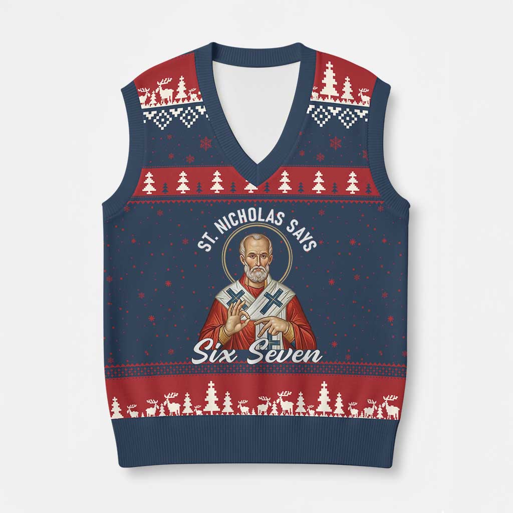 Funny Six Seven Meme V-Neck Knit Sweater Vest Saint Nicholas Says 67 Gen Alpha Slang - Wonder Print Shop