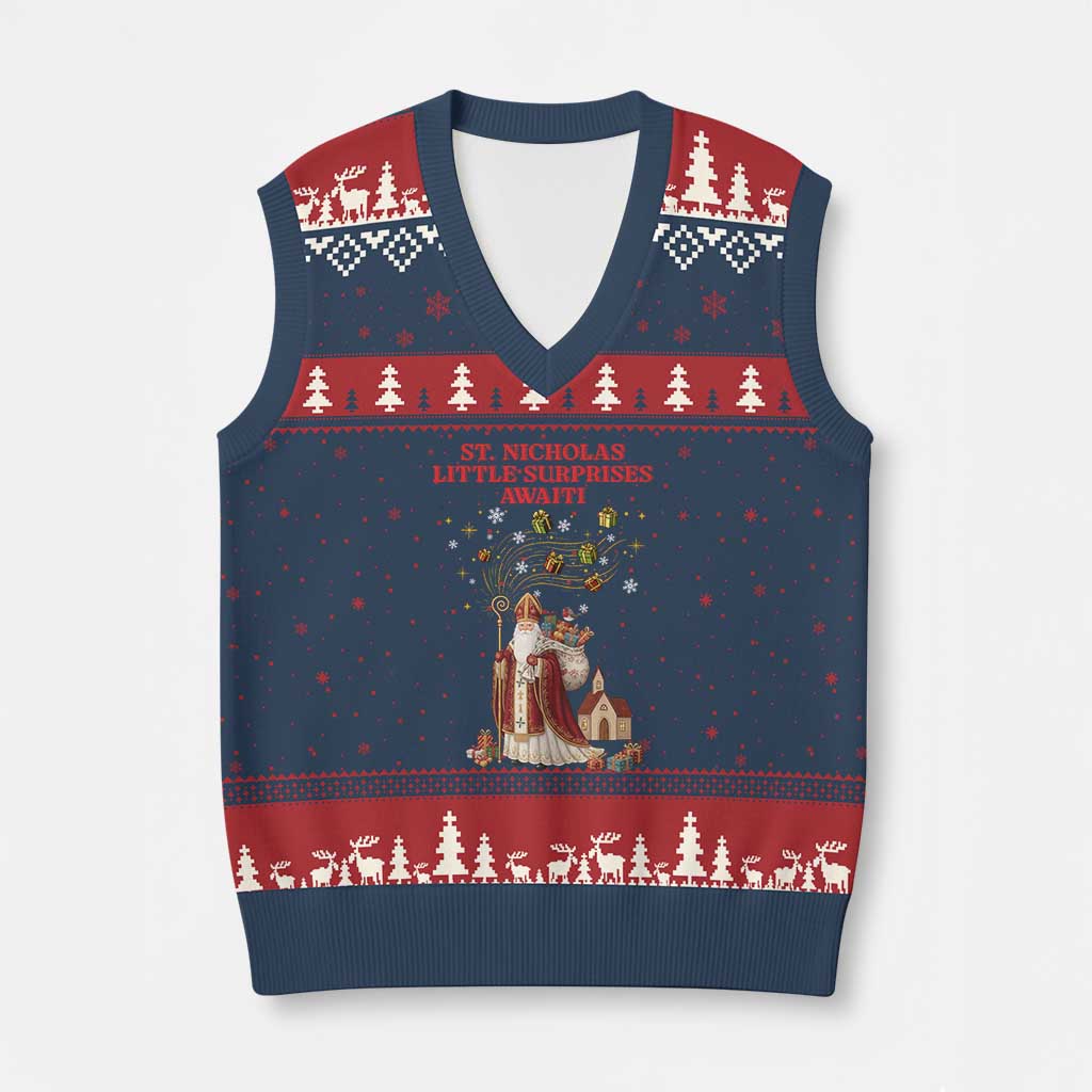 Saint Nicholas Santa Claus Xmas V-Neck Knit Sweater Vest Little Surprises Awaiti - Wonder Print Shop