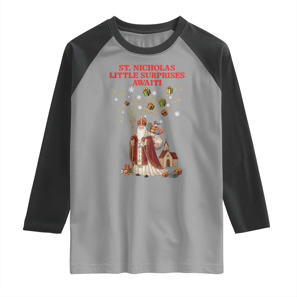 Saint Nicholas Santa Claus Christmas Raglan Shirt Little Surprises Awaiti - Wonder Print Shop