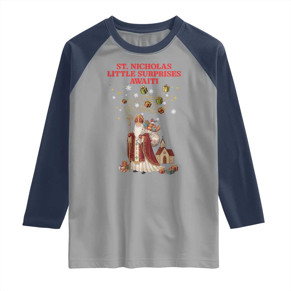 Saint Nicholas Santa Claus Christmas Raglan Shirt Little Surprises Awaiti - Wonder Print Shop
