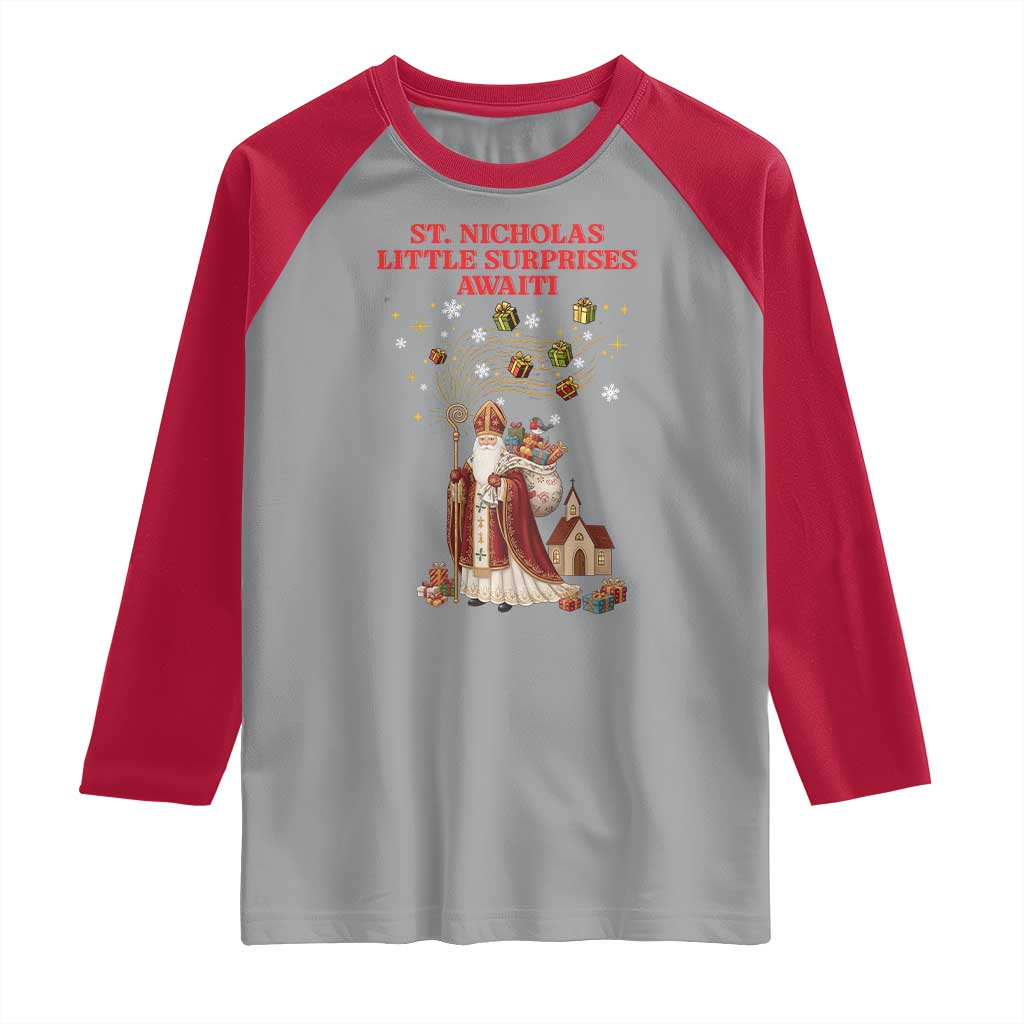 Saint Nicholas Santa Claus Christmas Raglan Shirt Little Surprises Awaiti - Wonder Print Shop
