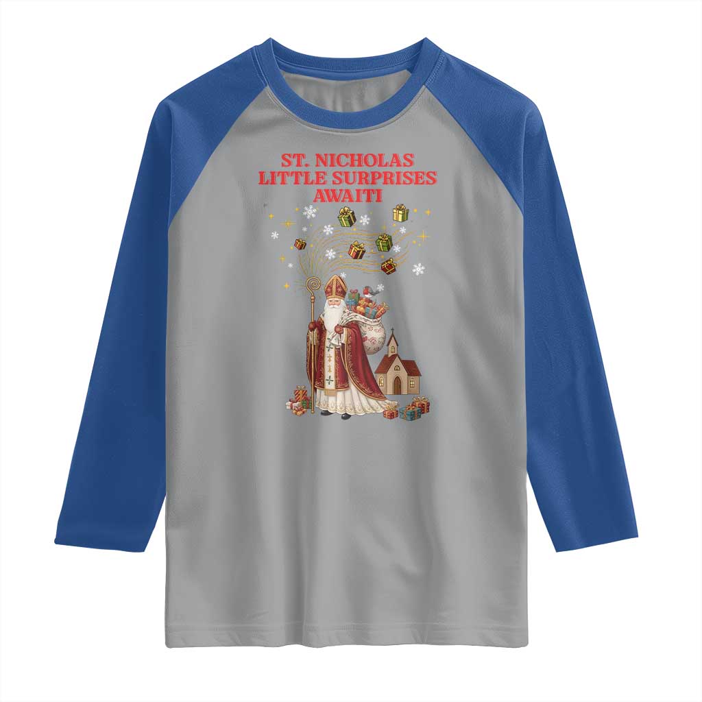 Saint Nicholas Santa Claus Christmas Raglan Shirt Little Surprises Awaiti - Wonder Print Shop