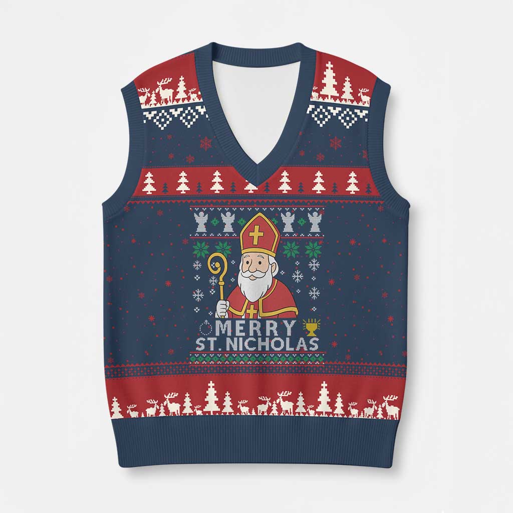 Saint Nicholas Santa Claus Xmas V-Neck Knit Sweater Vest - Wonder Print Shop
