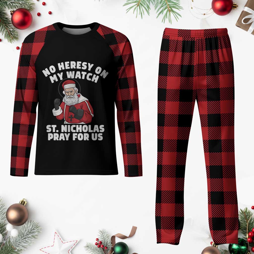 Funny Saint Nicholas Christmas Plaid Pajama Set No Heresy On My Watch St Nicholas Pray For Us Saint Nick's - Wonder Print Shop
