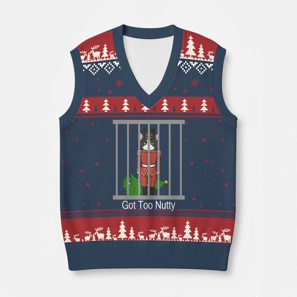 Funny Cat Nutcracker Xmas V-Neck Knit Sweater Vest Got Too Nutty - Wonder Print Shop