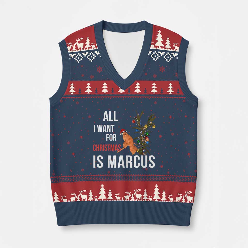 Marcus The Worm Robert Xmas Meme V-Neck Knit Sweater Vest All I Want For Xmas Is Marcus - Wonder Print Shop
